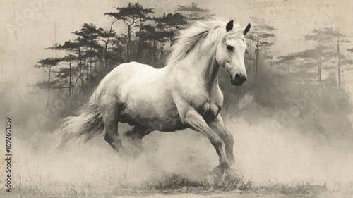 Majestic White Horse Galloping Through Misty Forest Landscape