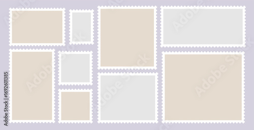 Set of vector frames for blank postage stamps. Flat design, clipart with borders, background illustration with postage stamp elements.