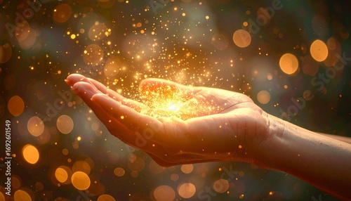 Close-up of a hand holding sparkling magic dust with a warm golden bokeh background