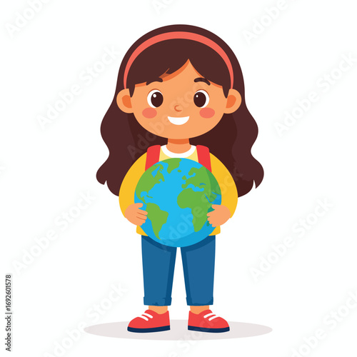 Smiling girl with a backpack holds a globe, representing global awareness.