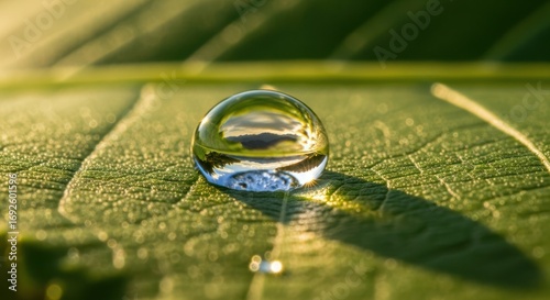 A single perfect water droplet resting on a vibrant green leaf in the morning sun.