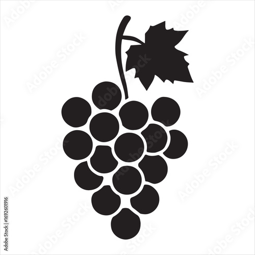 Simple black silhouette of a ripe bunch of grapes with a single leaf and stem