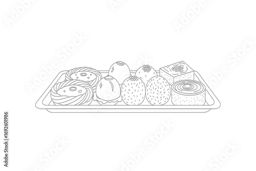 Outline illustration of a wedding arch decorated with flowers and draped fabric