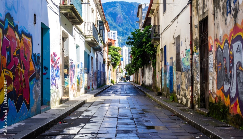 Fototapeta premium Urban alleyway with vibrant graffiti