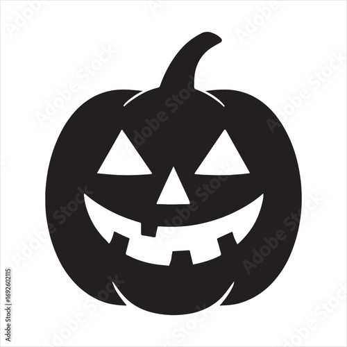 Simple black silhouette of a carved halloween jack o lantern pumpkin with a spooky face
