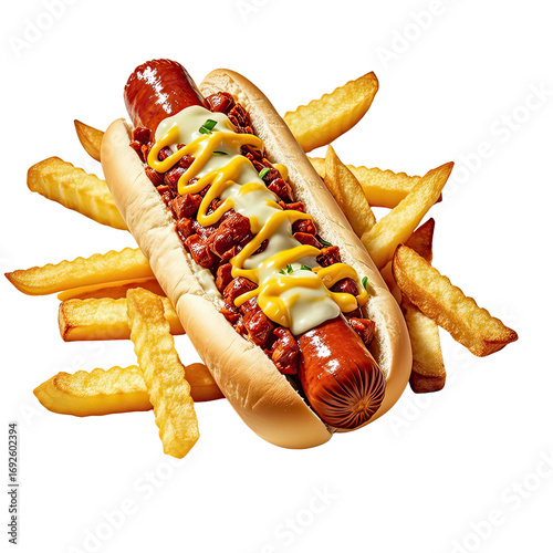 Delicious Hot Dog with Chili Sauce  Melted Cheese  and Golden Fries, Generative AI