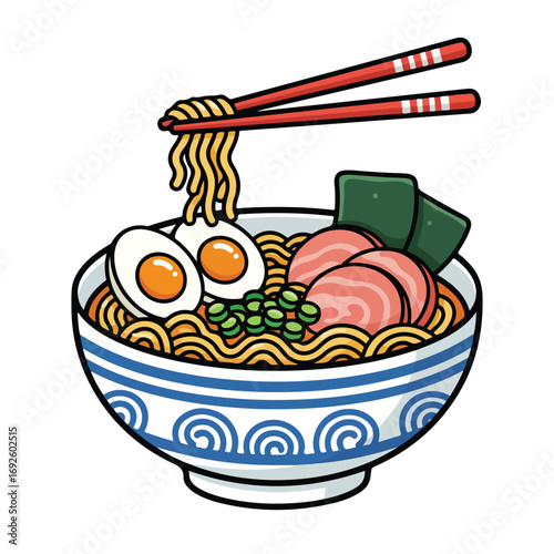 A delicious bowl of steaming ramen soup, complete with noodles, boiled eggs, meat slices, and green onions, ready to be enjoyed with chopsticks