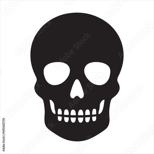 Simple black silhouette of a human skull with empty eye sockets and visible teeth