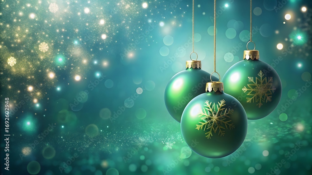 Fototapeta premium Festive Holiday Spirit Three Green Christmas Ornaments with Golden Snowflakes on a Turquoise Background