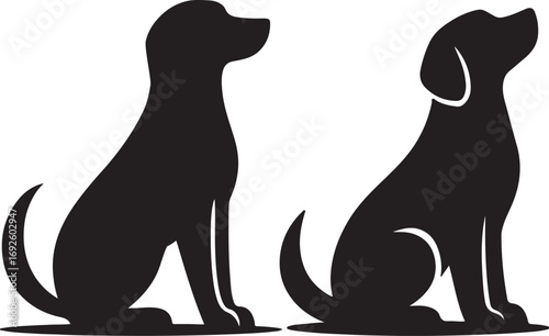 Two black dog silhouettes sitting side by side on a white background looking in different directions.