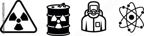 Hazardous waste and radioactive symbols, including a radiation warning sign, a nuclear waste barrel, a hazmat suit, and an atomic nucleus with electrons.