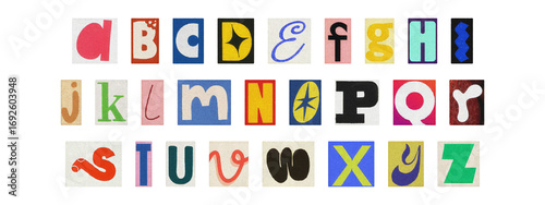 Typography collage of ransom style letters, retro English alphabet set