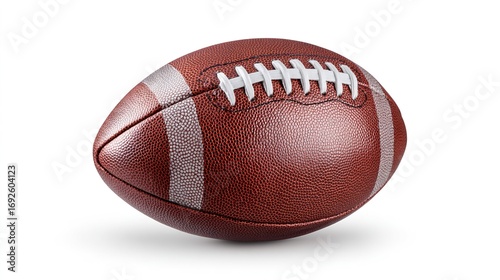 American football isolated on white background, clean product shot with subtle shadows, even studio lighting, f/8.0 --v 7.0 --ar 16:9 --c 20 --s 20 --style raw