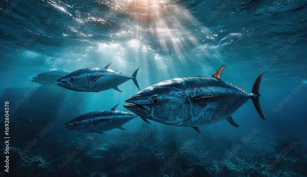 Obraz premium Tuna fish swim in sunlit ocean depths