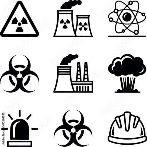 Radioactive and Biohazard Warning Icons Set - Nuclear Power, Biological Risk, Radiation, Atomic Energy, and Industrial Safety Signs for Danger, Hazard, and Emergency.