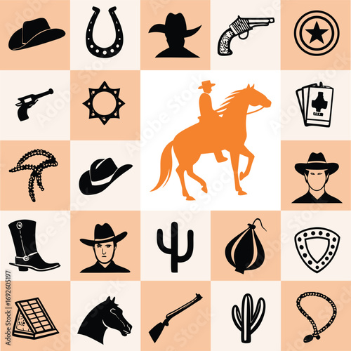 Western cowboy icon set featuring hats, guns, horses, boots, cacti, and badges in a grid layout. Includes black and orange silhouettes for Wild West themes. Great for posters, games, and decor.