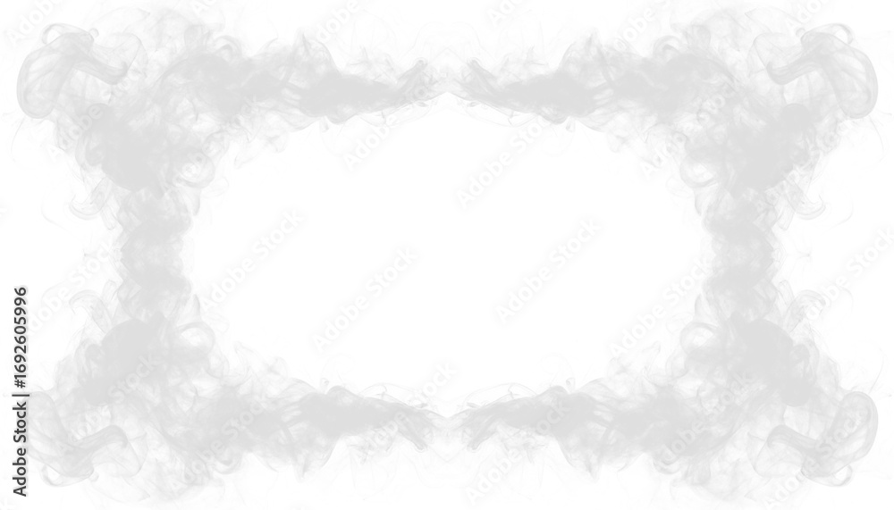 Fototapeta premium PNG of white smoke forming airy border around central frame, soft vapor outline, wispy haze edge, abstract smoky design element for decorative overlay compositions