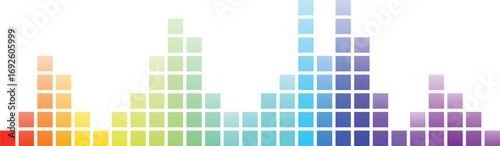 Colorful equalizer bars in rainbow gradient on white background. Abstract soundwave visualization perfect for music, media, and audio interfaces. Clean, modern vector for digital design.