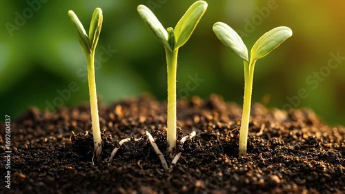 Three Green Sprouts with Roots in Soil, Sunlight. New Life, Growth, Sustainability Concept.
