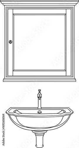 Vector illustration of a modern wall-mounted bathroom basin mirror, ideal for sanitary ware designs, plumbing fixtures, home interior projects, and bathroom renovation visuals.