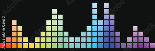 Colorful audio equalizer bars on dark background in rainbow gradient style. Vibrant sound level visualization perfect for music, DJ, or media design. Ideal for digital art and UI projects.
