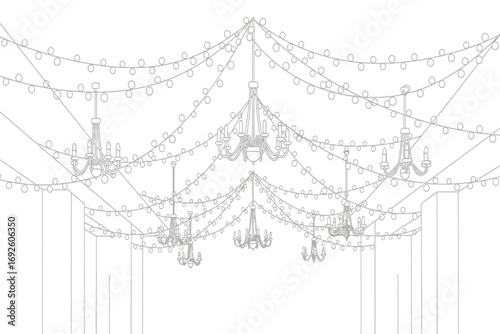 Wedding string lights and chandeliers illustration