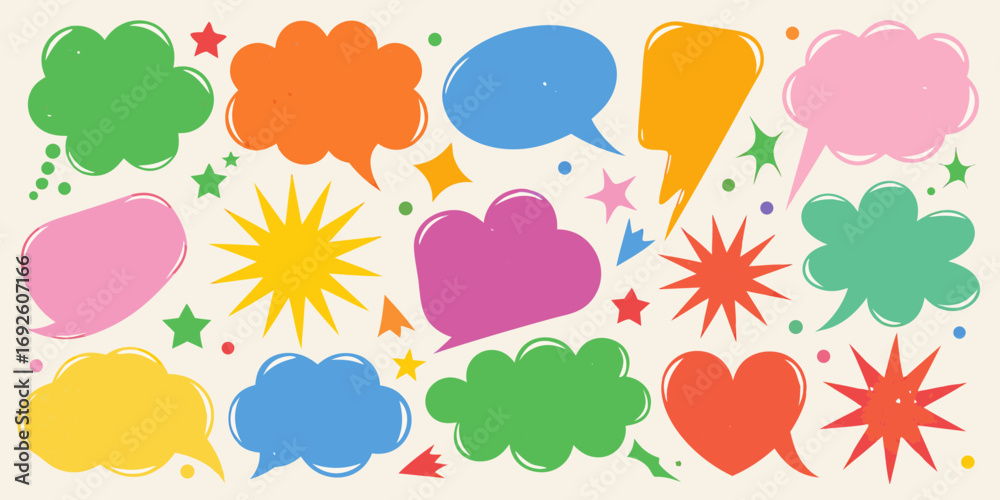 Fototapeta premium Collection of colorful hand drawn speech bubbles and starbursts on a light background