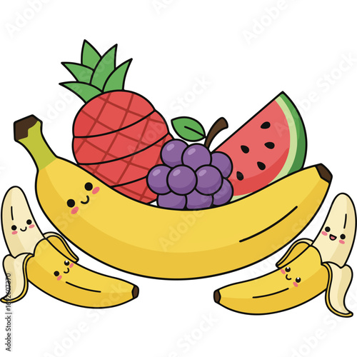 Cartoon Fruit Bunch: This cheerful fruit bunch is perfect for health, nutrition, or food blogs, website designs, or educational posters for children.