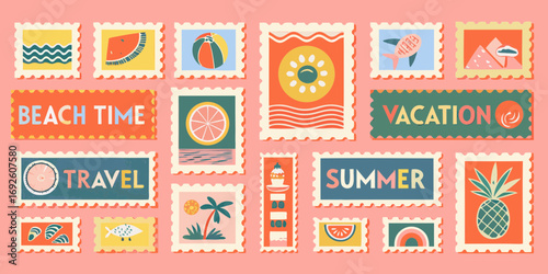 Collection of retro style summer vacation themed postage stamps with beach and travel icons