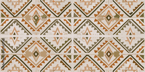 Geometric tribal pattern with earthy tones and distressed texture for textile design
