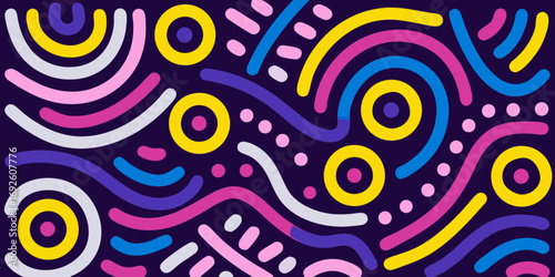 Vibrant abstract pattern with colorful wavy lines and circles on a dark background