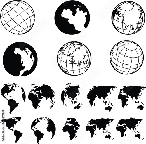 Set of black and white globe icons, world maps, and wireframe Earth views in various angles. Includes continents, outlines, and projections. Ideal for infographics, education, and design.