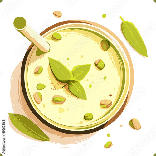 Vector illustration of green pistachio milkshake with mint leaves, straw. Flatlay, top view, isolated on white background. Vector illustration of summer beverage on white background