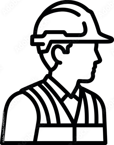 Hardhat engineer wearing safety vest and hardhat, looking sideways in a half-body shot, outline vector illustration with a simple and clean design for commercial use.