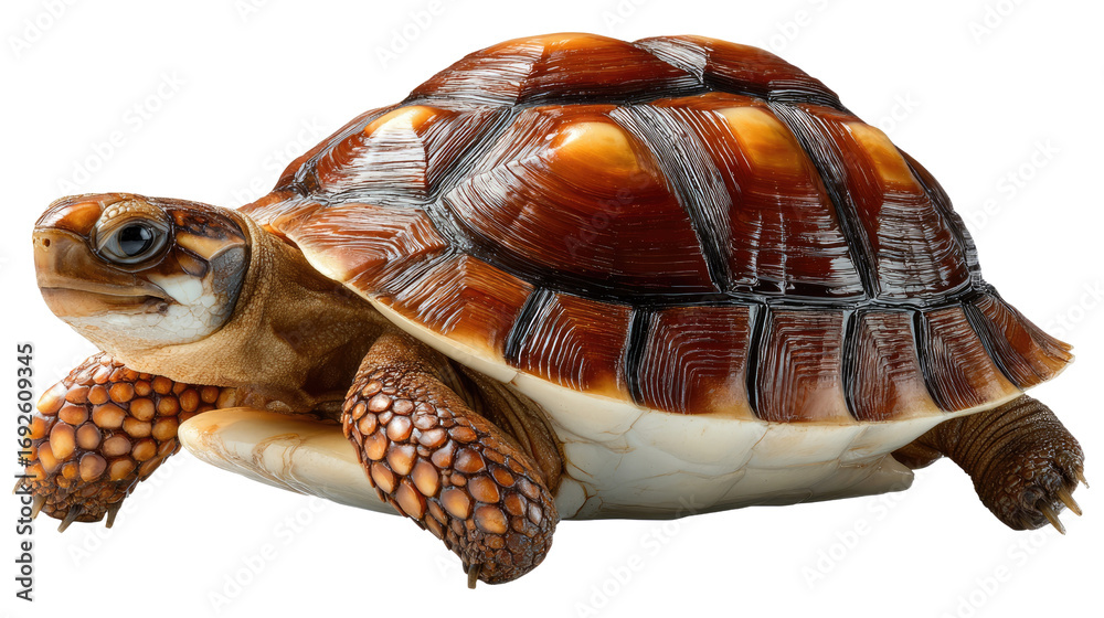 Obraz premium Radiant Tortoise: A close-up photograph of a radiant tortoise, highlighting the intricate patterns and warm hues of its shell, as it navigates a natural habitat. 