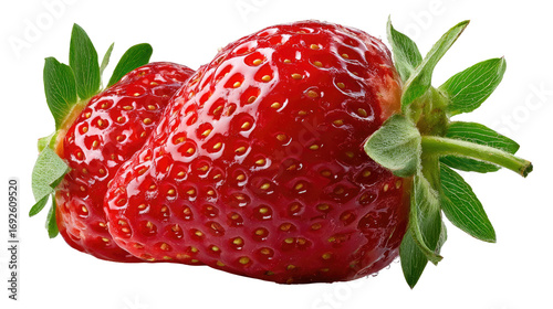 Vibrant Summer Berry: Close-up shot of two ripe, juicy strawberries. Showcasing the freshness of nature's candy with their bright red color, green leaves, and tactile texture.
