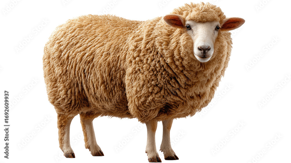 Fototapeta premium Woolly Sheep Portrait: A single, well-groomed sheep stands in proud profile, its fleece a rich, inviting texture, captured in a clean, studio-like environment, conveying a sense of rustic charm.