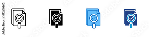 Verified Report Multiple Style Icon Design Vector - Document with magnifying glass and checkmark, symbolizing report verification, audit, or inspection approval