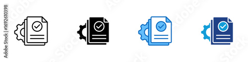 Certified Document Multiple Style Icon Design Vector - Single document with gear and checkmark, symbolizing certified records, quality assurance, or verified settings