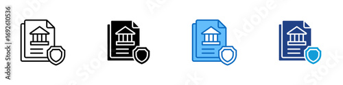 Legal Protection Multiple Style Icon Design Vector - Document with courthouse icon and shield, representing legal protection, security, and official safeguarding