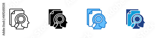 Profile Search Multiple Style Icon Design Vector - Human head with magnifying glass, representing profile review, recruitment, or identity verification