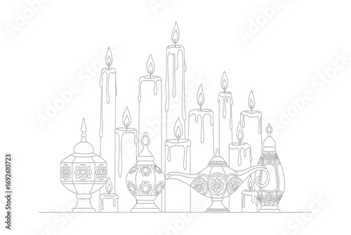 Illustration of kettle, stacked tea cups, utensil holder, and french press on white