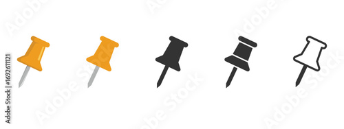 Vector push pin illustration set in outline, black, and orange styles. Thumbtack icons for reminders, notes, office stationery, corkboards, maps, and digital design projects