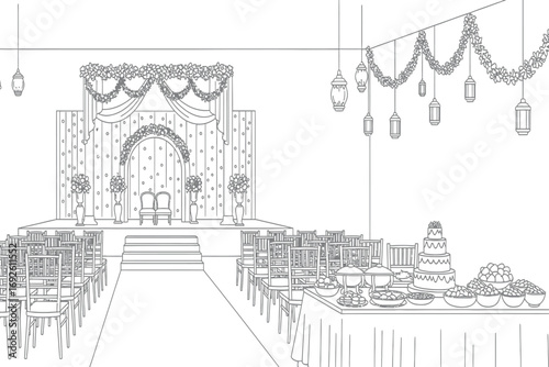 Line drawing of a wedding arch decorated with flowers and draped fabric on white background