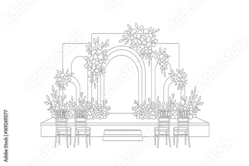 Line drawing of a wedding venue with stage, chairs, cake, and hanging decorations