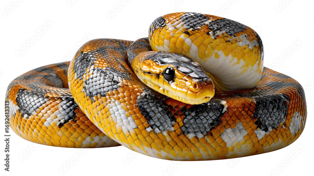 Obraz premium Coiled Serpent: A striking macro photograph captures the detailed textures and patterns of a coiled serpent, revealing its captivating colors and the silent power it holds.