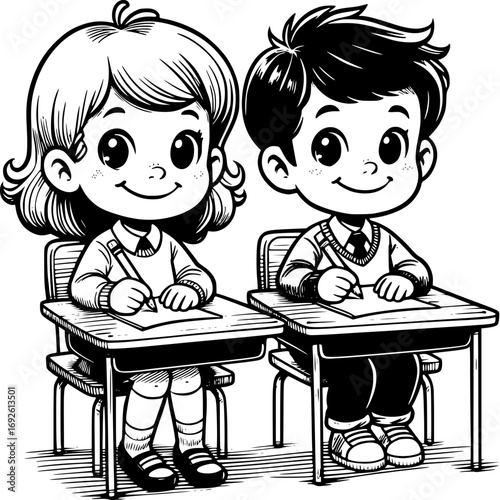 Cartoon Classroom Companions: A charming illustration of two young students, one girl and one boy, diligently working at their desks. The image exudes an atmosphere of learning, focus.
