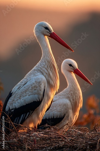 Cinematic close up of storks perched nest sharp feather detail with sunset glow in wildlife hyper realistic style
