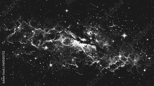 Deep space scene background in stippling style with glowing stars cluster and mesmerizing huge nebula as stellar nursery where stars are born. Dotwork. Pointillism. Noisy shading using dots. Vector