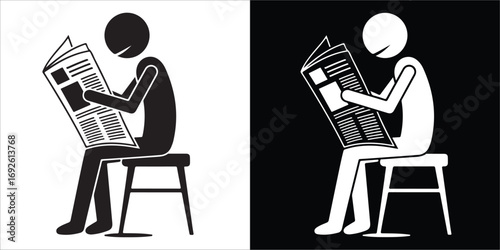 Simple Graphic Illustration of People Reading Newspapers While Sitting on Stools in Black and White Contrast